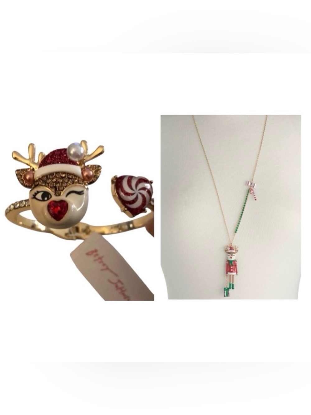 BETSEY JOHNSON SET Christmas Rudolph Reindeer Hinge Bracelet & Necklace NEW NWT